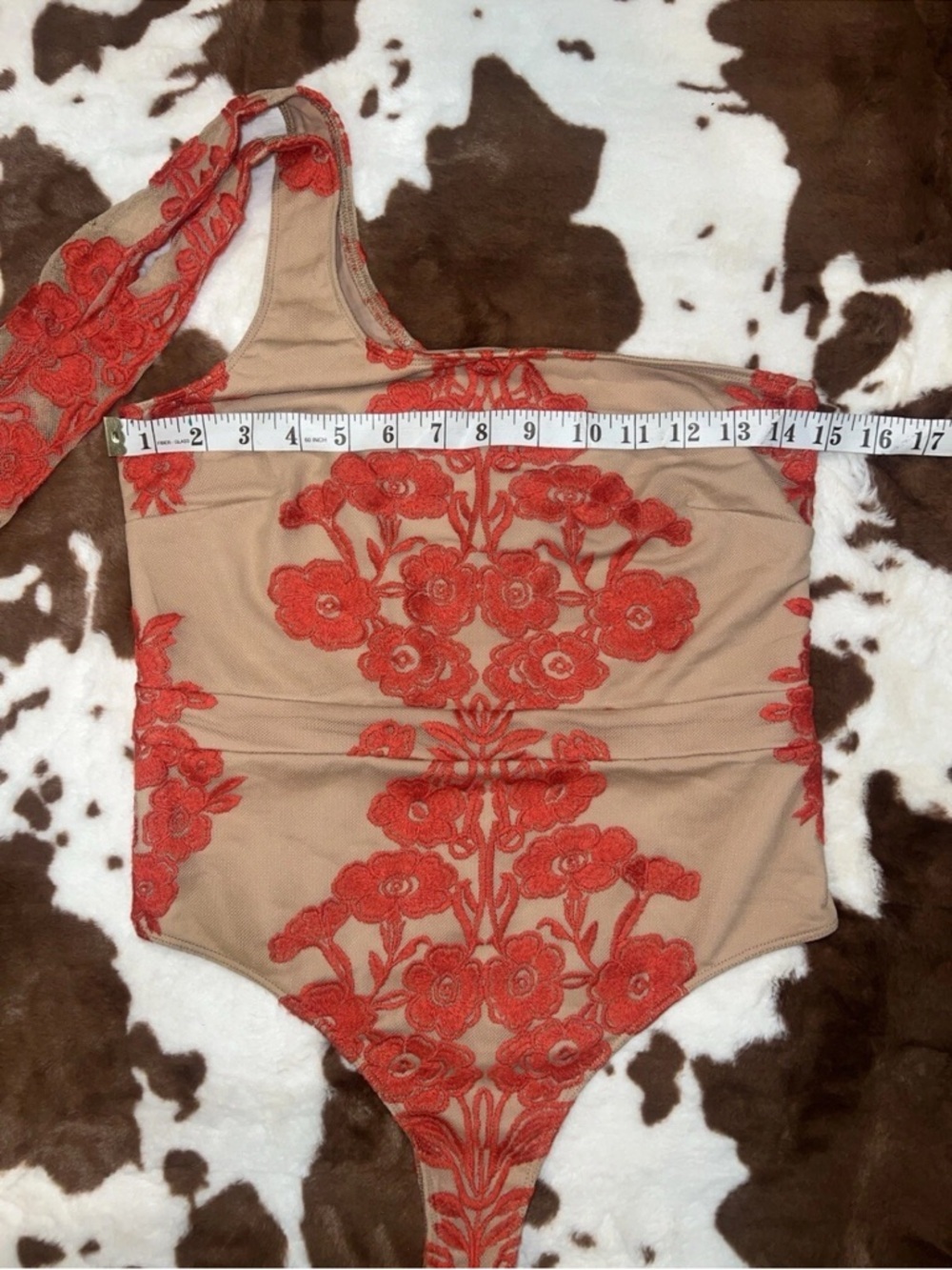 NWT For Love and Lemons Temecula One Shoulder Bodysuit Red/Nude - Picture 8 of 14